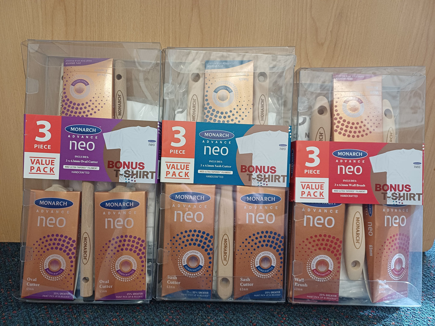 Monarch Neo 63mm 3pce value pack paint brushes - Bonus T-Shirt