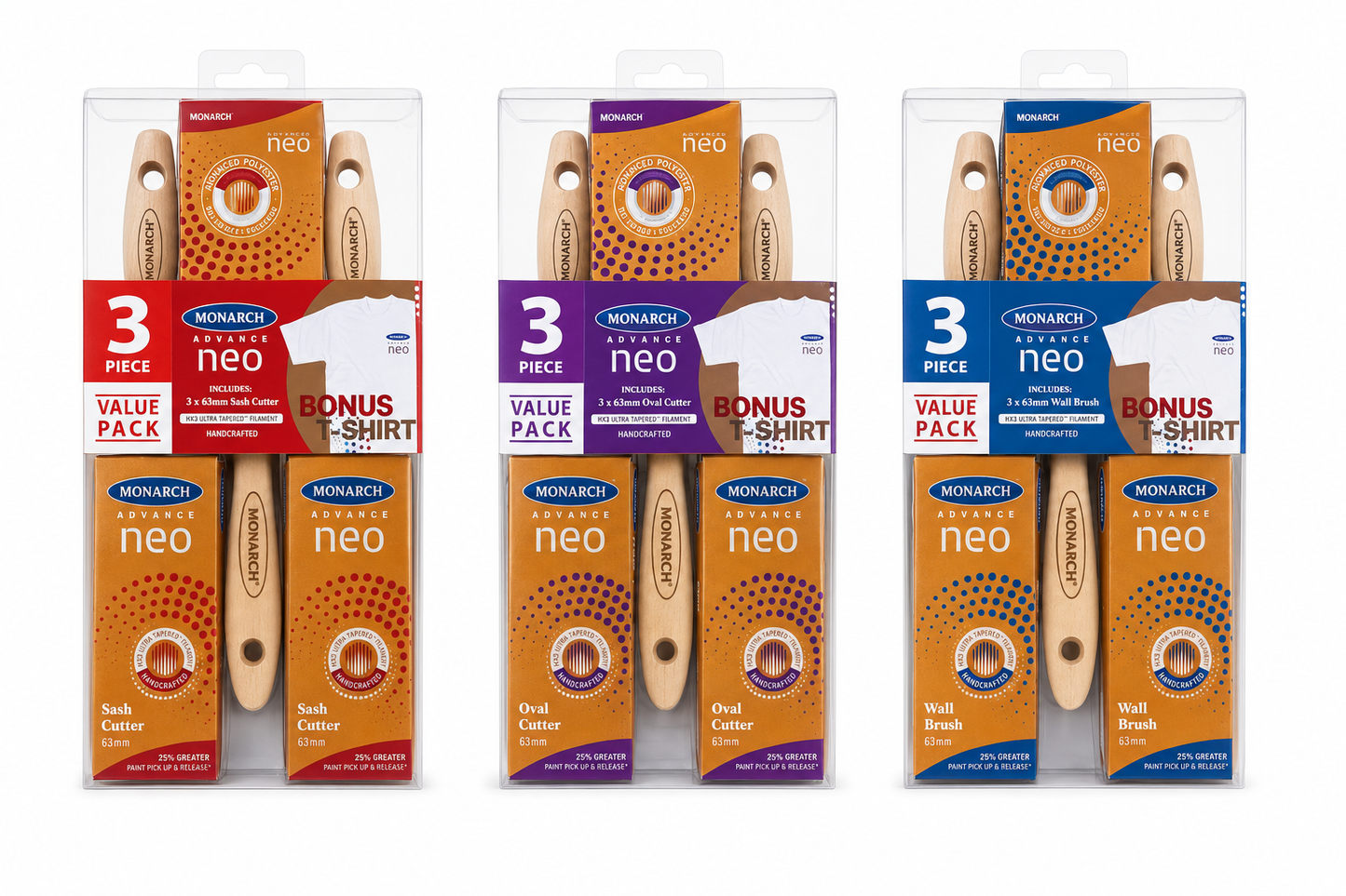 Monarch Neo 63mm 3pce value pack paint brushes - Bonus T-Shirt